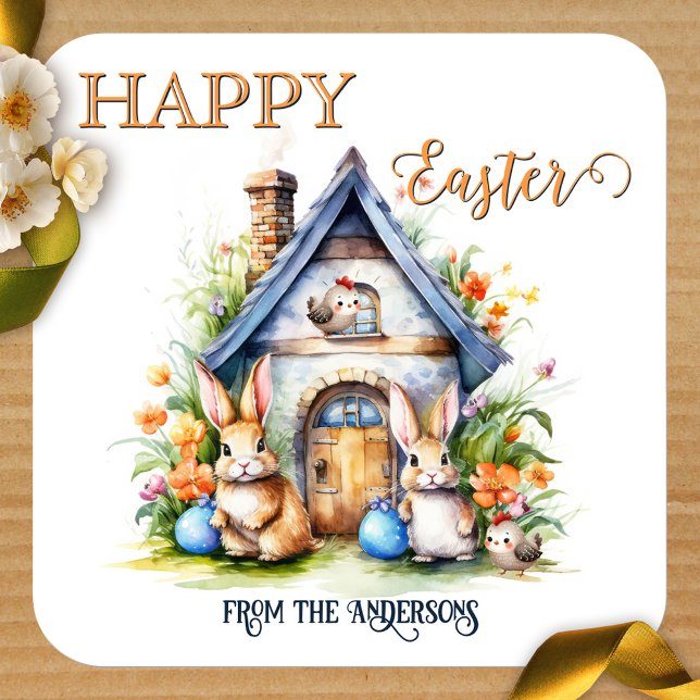 Happy Oaster Niedlich Spring Watercolor Bunny Quadratischer Aufkleber (Happy Easter sticker featuring a cute spring watercolor painting with bunnies and birds)
