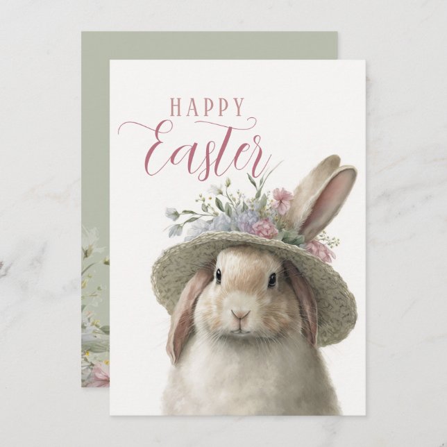 Happy Oaster Niedlich Watercolor Floral Bunny Rabb Karte (Vorne/Hinten)