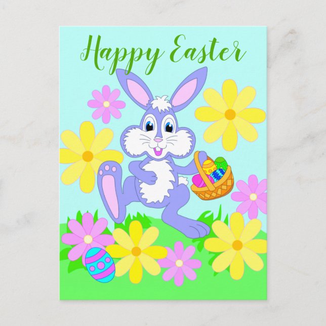 Happy Oaster Niedlicher Cartoon Kaninchen Blume Postkarte (Vorderseite)
