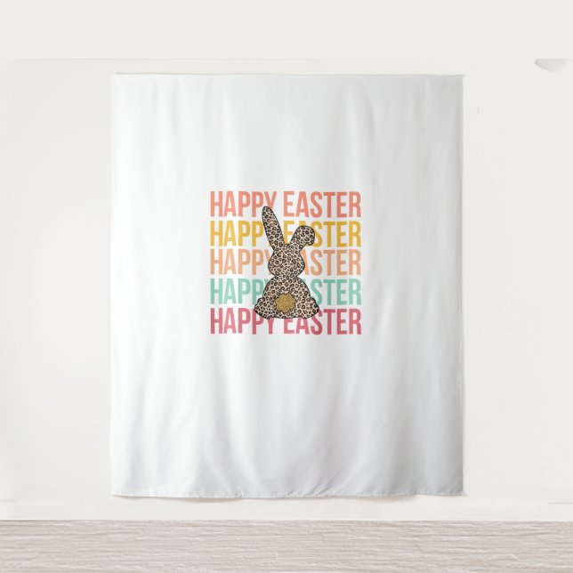 Happy Oaster Pastel Spring Leopard Bunny Rabbit Wo Wandteppich (Vorderseite)