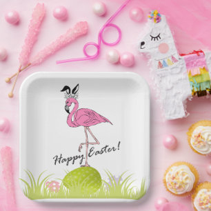 Happy Oaster Pink Flamingo Bunny Ears und Eier Pappteller