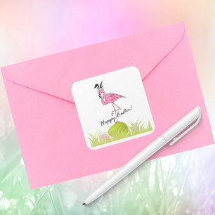 Happy Oaster Pink Flamingo Bunny Ears und Eier Quadratischer Aufkleber