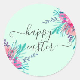 Happy Oaster pink floral Aquarell Minze Skript Runder Aufkleber