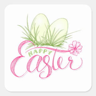 Happy Oaster Pink Green Eggs Quadratischer Aufkleber