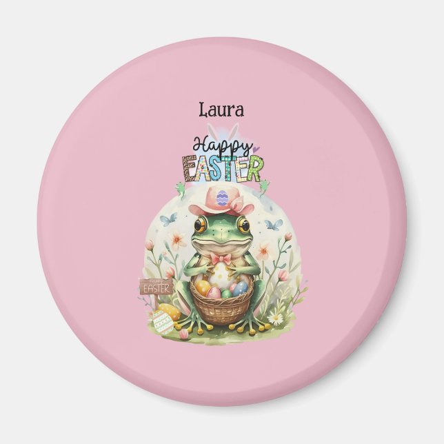 Happy Oaster Pink Hat Frog mit Eiern für Leap Year Magnet (Vorne)