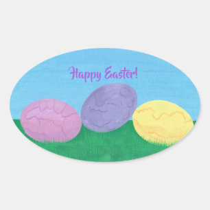 Happy Oaster Pink Lila Gelbe Eier im Gras Ovaler Aufkleber