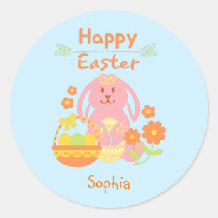 Happy Oaster Pink Rabbit und Blume Classic Rou Runder Aufkleber