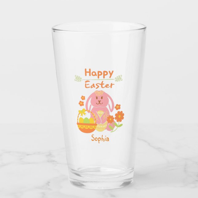Happy Oaster Pink Rabbit und Blume Glas (Vorderseite)