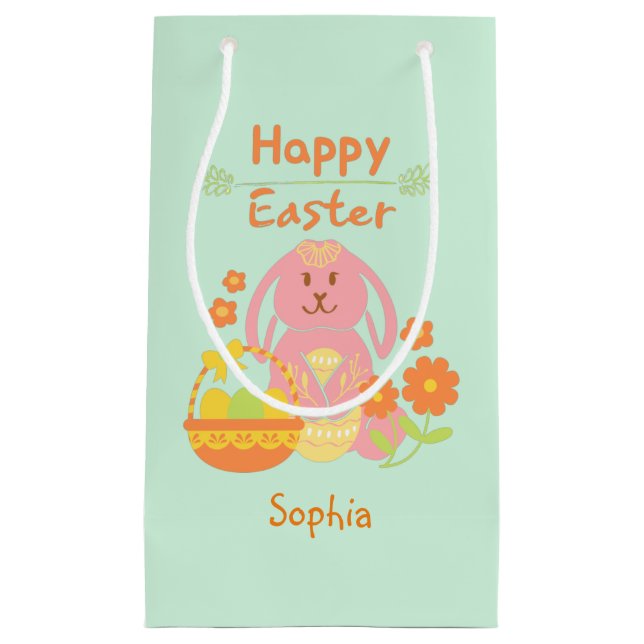 Happy Oaster Pink Rabbit und Blume Kleine Geschenktüte (Vorderseite)