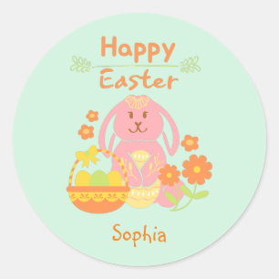 Happy Oaster Pink Rabbit und Blume Runder Aufkleber