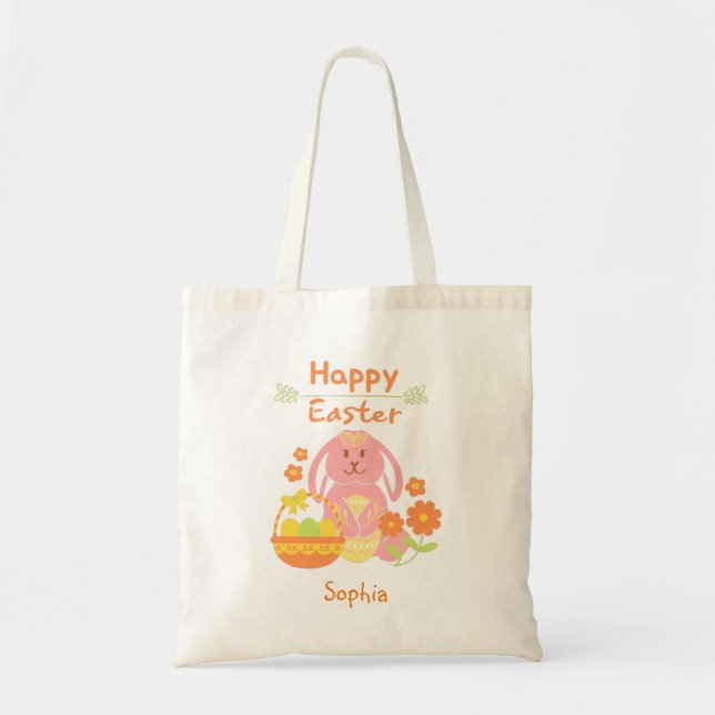 Happy Oaster Pink Rabbit und Blume Tragetasche (Vorne)