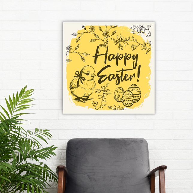 Happy Oaster Poster Yellow Spring Wohngestaltung (Floral Line Art Yellow Chick Eggs Happy Easter Poster)