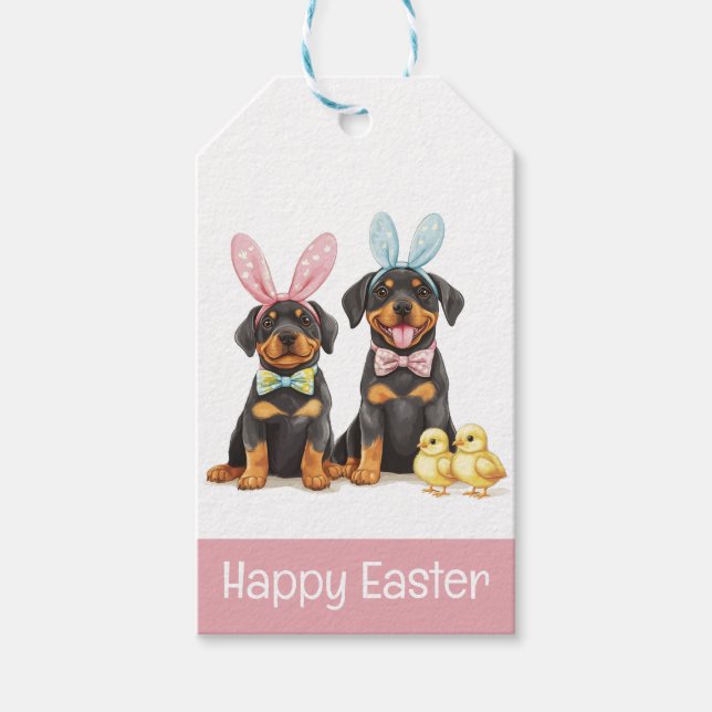 Happy Oaster Rottweiler Hunde Bunny Ears Geschenkanhänger (Vorderseite)
