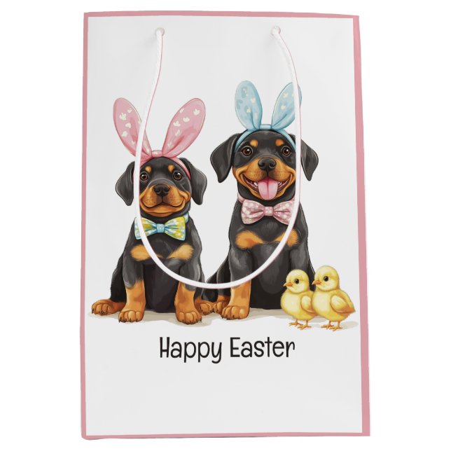 Happy Oaster Rottweiler Hunde Bunny Ears Mittlere Geschenktüte (Vorderseite)
