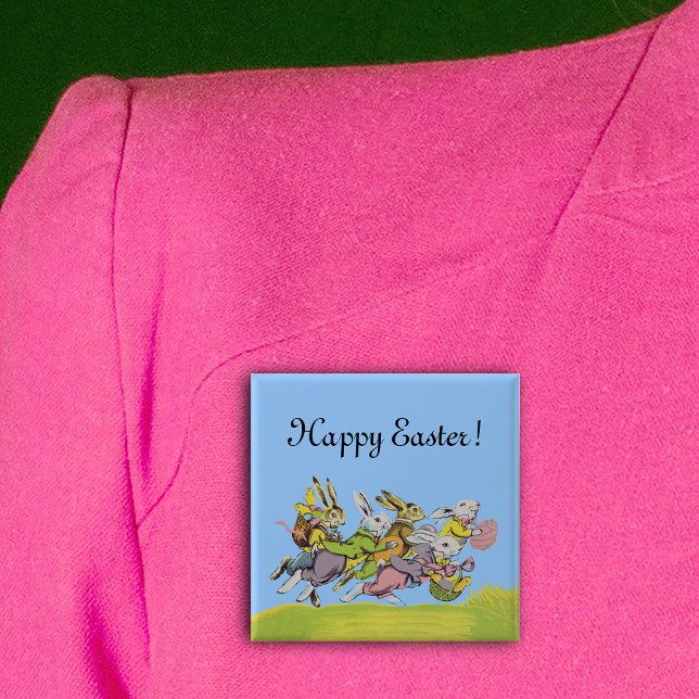 Happy Oaster Running Pastel Rabbits Button (Group running Easter Bunnies in pastel clothes with baskets eggs in grass on square pin back button.)
