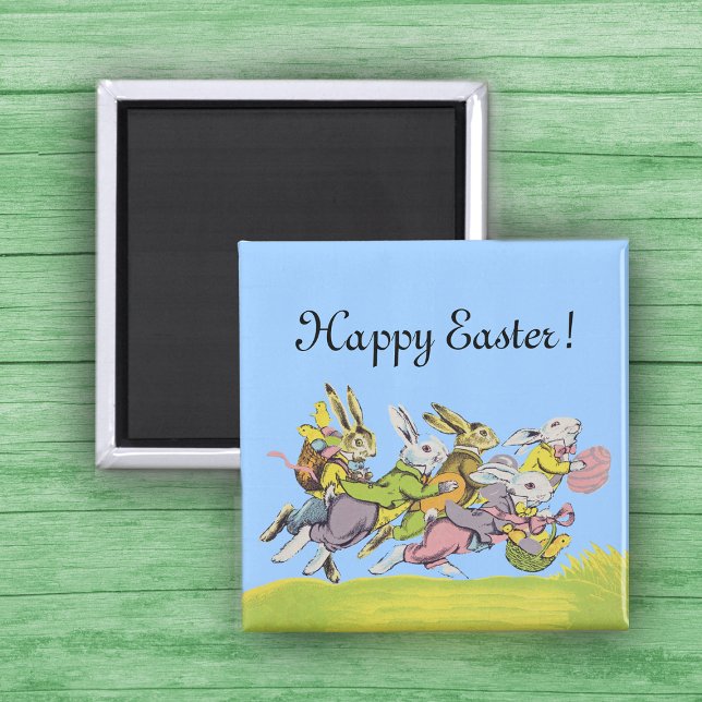 Happy Oaster Running Pastel Rabbits Magnet (Group of running Easter Bunnies in clothes with eggs and baskets in grass on a magnet.)