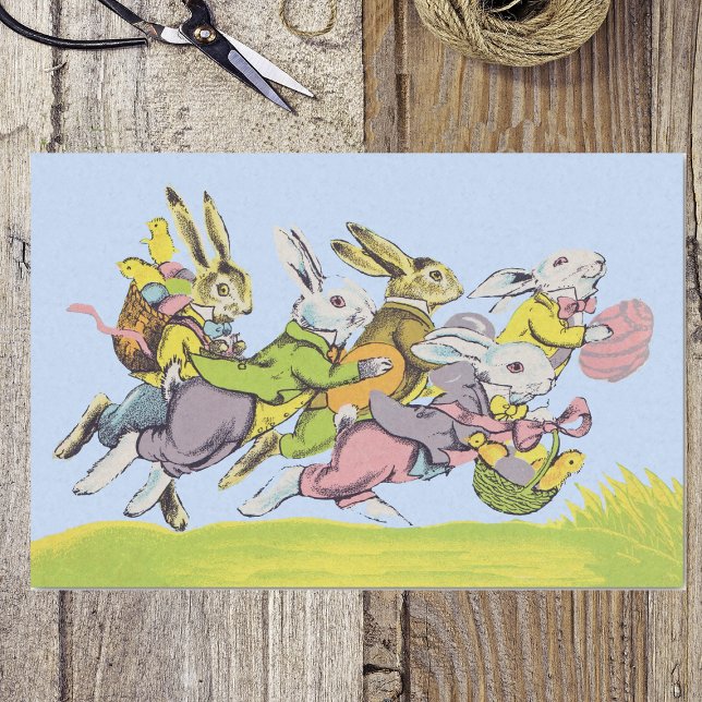 Happy Oaster Running Pastel Rabbits Seidenpapier (group running Easter bunnies pastel clothing eggs baskets on Easter tissue wrap paper.)