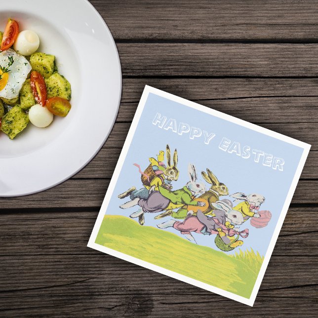 Happy Oaster Running Pastel Rabbits Serviette (Easter rabbits pastel clothes baskets eggs running in grass on light blue napkins.)