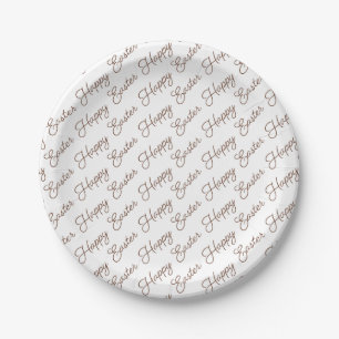 Happy Oaster Script Brown on White Paper Plate Pappteller
