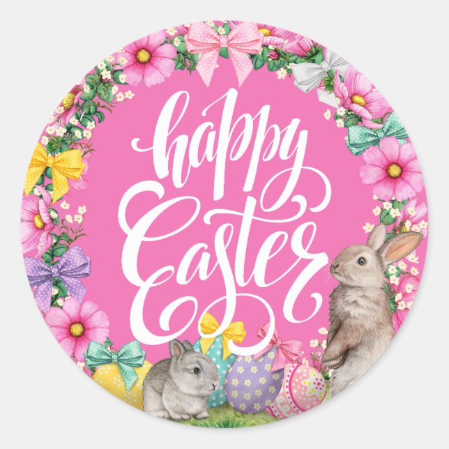 Happy Oaster Script floral Pink Oster Bunny Egg Runder Aufkleber (Vorderseite)
