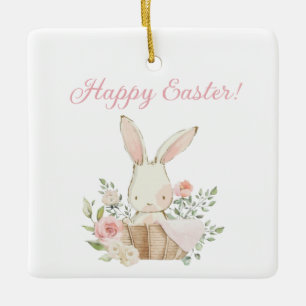 Happy Oaster Script Watercolor Bunny Rabbit Pink Keramikornament