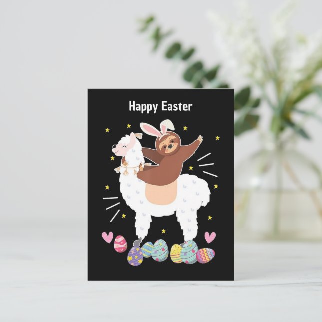 Happy Oaster Sloth und Lama Postkarte (Stehend Vorderseite)