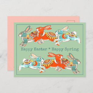 Happy Oaster Spring Rabbit Pink Mint Tribal Einzig Feiertagspostkarte