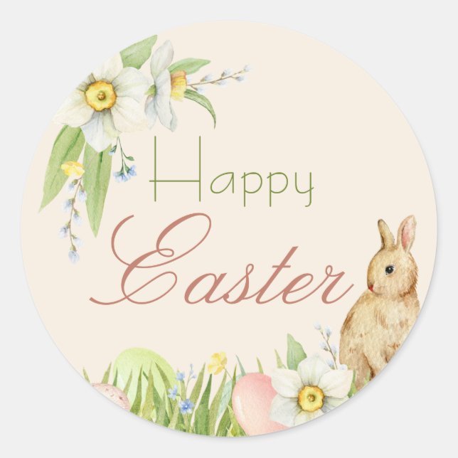 Happy Oaster Sweet Bunny Watercolor Floral Runder Aufkleber (Vorderseite)