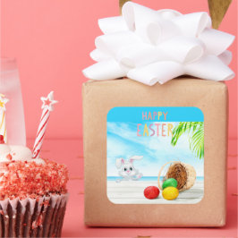 Happy Oaster Tropical Ocean Beach Küste Urlaub Quadratischer Aufkleber