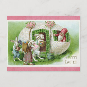 Happy Oaster Vintag Bunny Rabbit Egg Gnome Postkarte