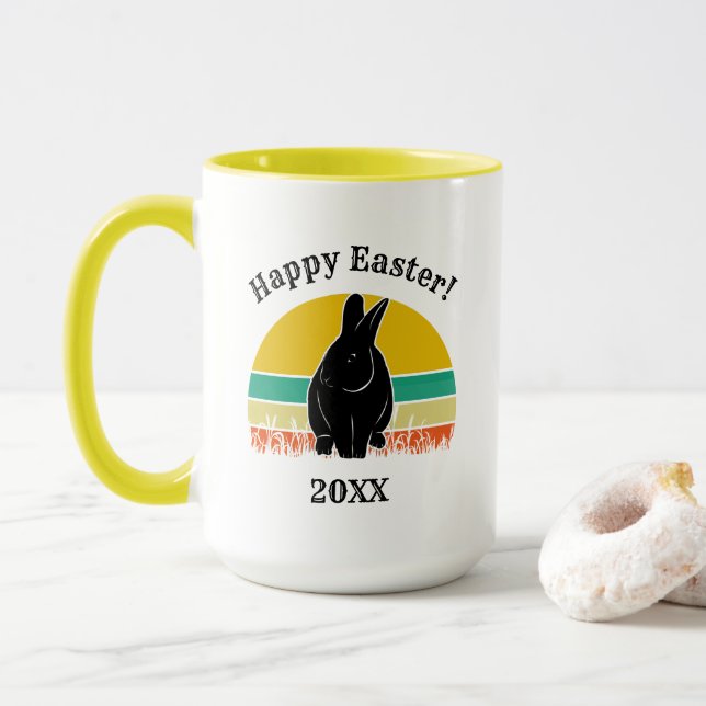 Happy Oaster Vintag Sunset Bunny Silhouette Tasse (Mit Donut)