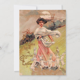 Happy Oaster Vintag tanzende Rabbits Girl w Basket Feiertagskarte