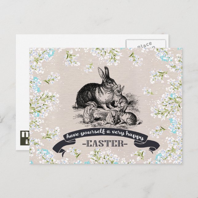 Happy Oaster.Vintage Kaninchen Ostern Feiertagspostkarte (Vorne/Hinten)