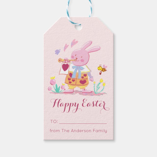 Happy Oaster Wasserfarbe Rosa Bunny im Garten Geschenkanhänger (Vorderseite)