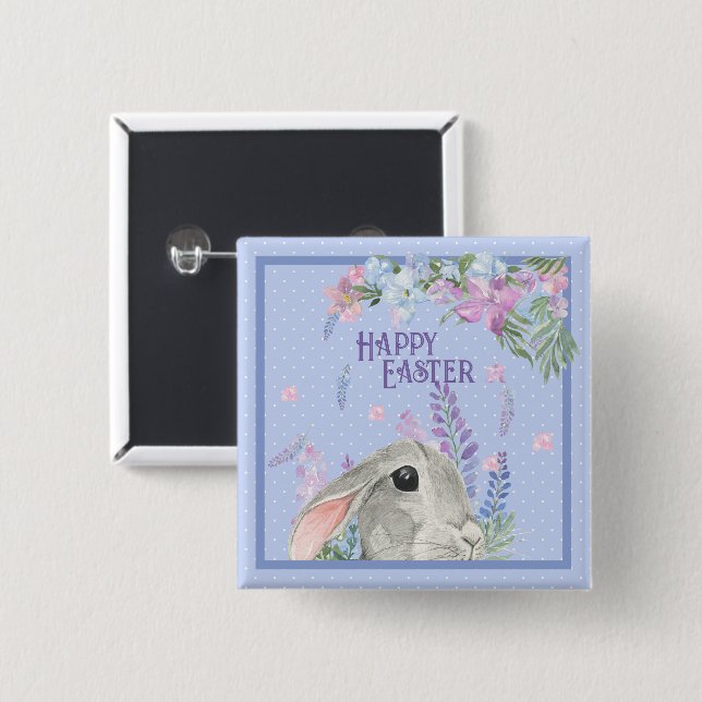 Happy Oaster Watercolor Bunny Rabbit & Blume Button (Vorne & Hinten)