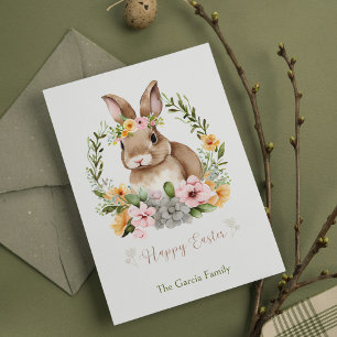 Happy Oaster Watercolor Bunny und Blume Ostern Feiertagspostkarte