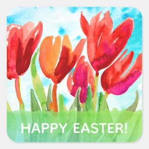 Happy Oaster Watercolor Red Tulips Square Stickers