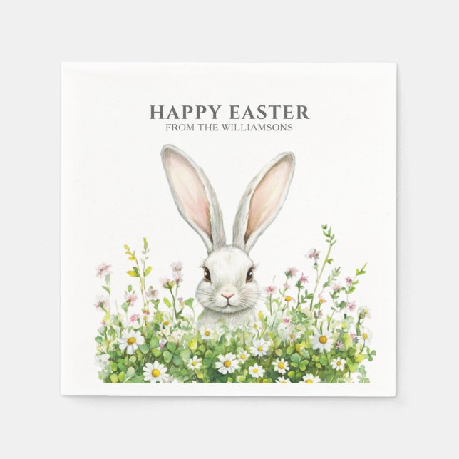 Happy Oaster White Bunny Florals Personalisiert Serviette (Vorderseite)