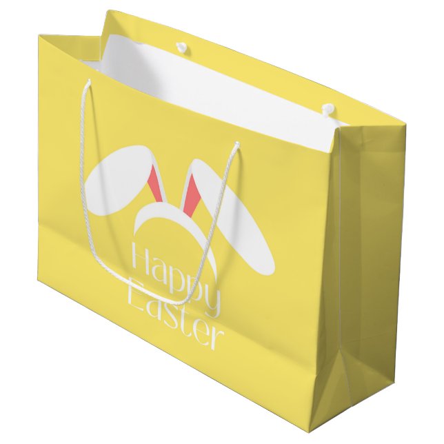 Happy Oaster white bunny Ohren gelb Große Geschenktüte (Vorderseite Schrägansicht)