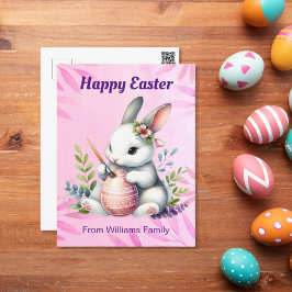 Happy Oaster, White Bunny Painting a Osteregg Feiertagspostkarte