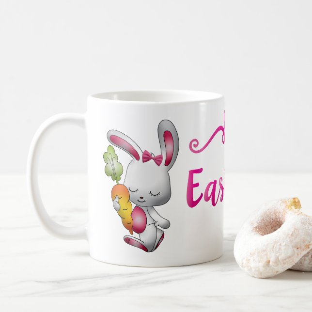 Happy Oaster White Bunny Pink Script Personalisier Kaffeetasse (Mit Donut)