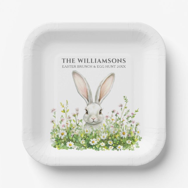 Happy Oaster White Rabbit Florals Personalisiert Pappteller (Vorderseite)