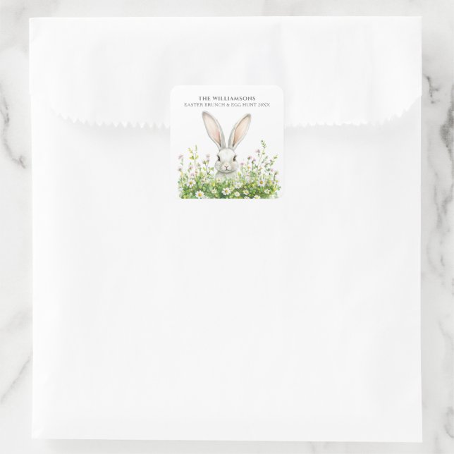 Happy Oaster White Rabbit Florals Personalisiert Quadratischer Aufkleber (Tasche)