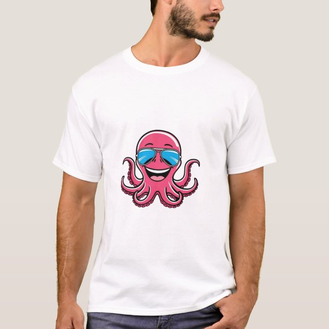Happy Octopus mit Blue Aviators Graphic T-Shirt (Vorderseite)
