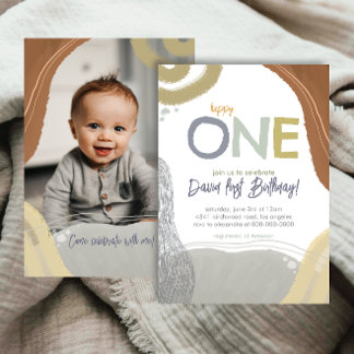 Happy One First Birthday Photo boy Invitation Einladung