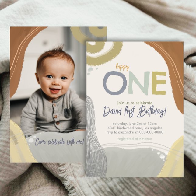 Happy One First Birthday Photo boy Invitation Einladung (Von Creator hochgeladen)