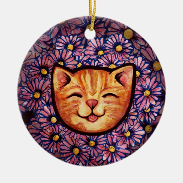Happy Orange tabby Cat Keramik Ornament (Vorne)