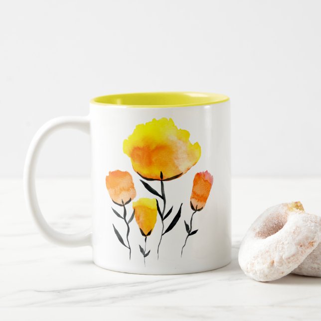 Happy orange und gelbe Blumen Zweifarbige Tasse (Mit Donut)