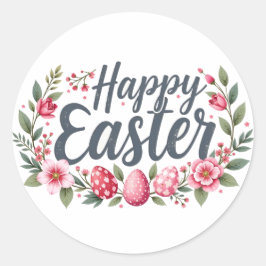 Happy Osteraufkleber mit Eiern und Blume Runder Aufkleber