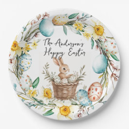 Happy Osterbanny mit Korb und blumengeschmückten O Pappteller